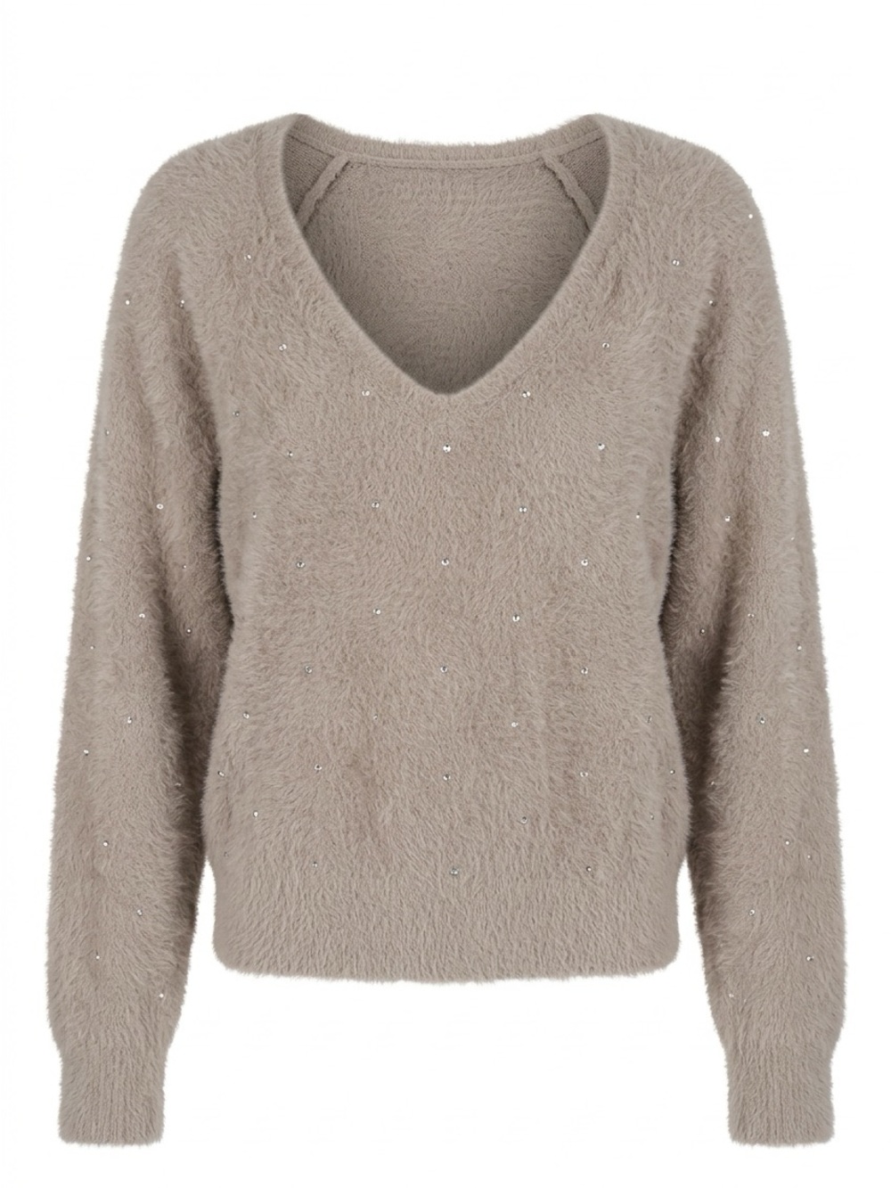 Express Taupe Fuzzy V-Neck Sweater with Scattered Rhinestones